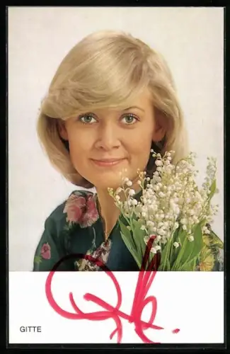 AK Sängerin Gitte mit einem Strauss Maiglöckchen, Autograph