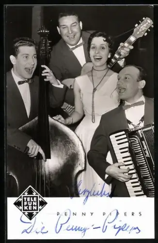 AK Musikerin Penny Pipers gemeinsam mit ihrern Begleitungen, Autograph