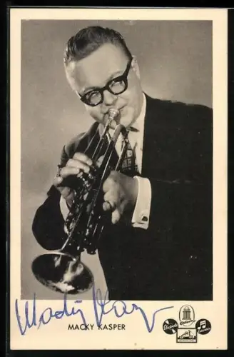 AK Musiker Macky Kaspar Trompete spielend portraitiert, Autograph