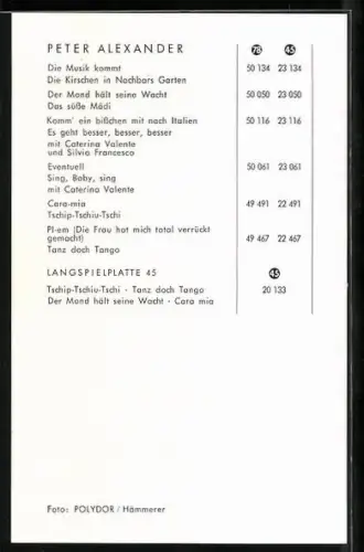 AK Musiker Peter Alexander schaut seitlich, Autograph