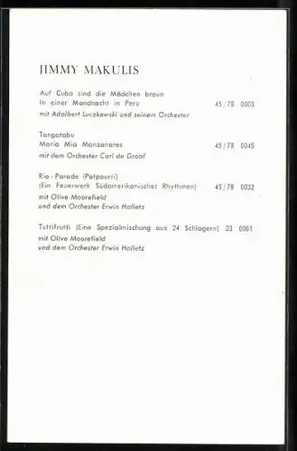 AK Musiker Jimmy Makulis mit Fliege im Jackett, Autograph