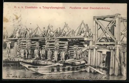 AK Korneuburg, K. u. k. Eisenbahn- und Telegrafen-Regiment, Montieren einer Eisenbahnbrücke, Militärbahn