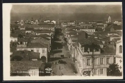 AK Patras, Strassenpartie mit Leuchtturm und Seeblick aus der Vogelschau