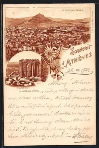 Lithographie Athènes, Temple de La Victoire Aptere, La Ville d`Athènes
