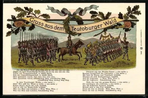 Lithographie Gruss aus dem Teutoburger Wald, Als die Römer frech geworden....Die Cherusker....