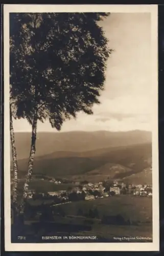 AK Eisenstein, Totalansicht mit Kirche und Gebirgspanorama