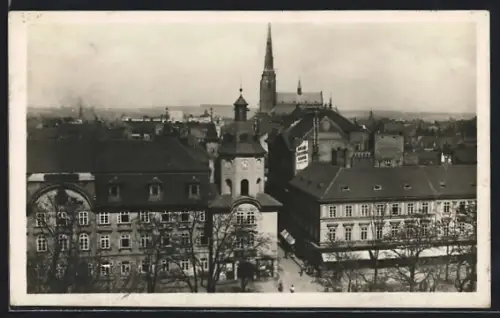 AK Pilsen, Teilansicht mit Türmen aus der Vogelschau