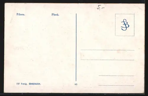 AK Pilsen, Anlage mit Brunnen und Turmgebäude