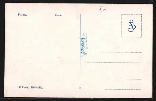 AK Pilsen, Ortspartie, Anlage mit Brunnen und Turmgebäude