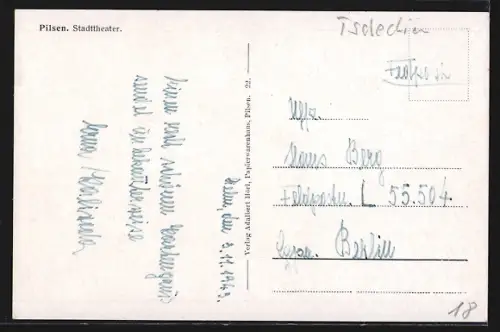 AK Pilsen, Stadttheater mit Umgebung aus der Vogelschau