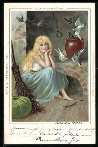 Lithographie Aschenbrödel sitzt mit ihren Vögeln zusammen
