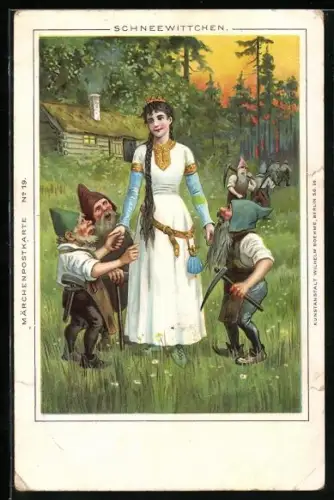 AK Schneewittchen mit den sieben Zwergen auf einem Wiesenstück