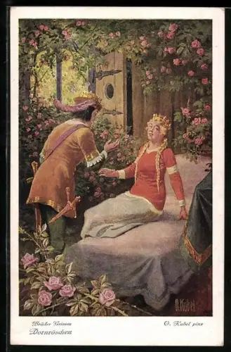 Künstler-AK Otto Kubel: Szene aus dem Märchen Dornröschen, Dornröschen wurde vom Königssohn wachgeküsst
