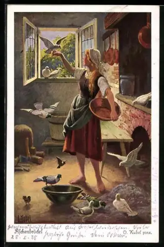 Künstler-AK Otto Kubel: Aschenputtel lässt sich von Tauben beim Sortieren der Linsen helfen
