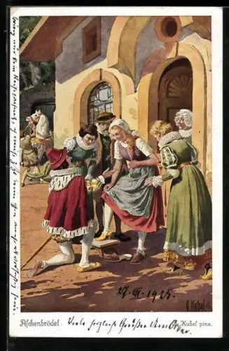 Künstler-AK Otto Kubel: Aschenputtel, Prinz sucht die Besitzerin des verlorenen Schuhs