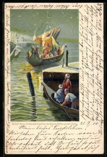 AK Märchen Der wahre und der falsche Kalif, Kalif Harun al Raschid beobachtet den falschen Kalifen auf dem Tigris