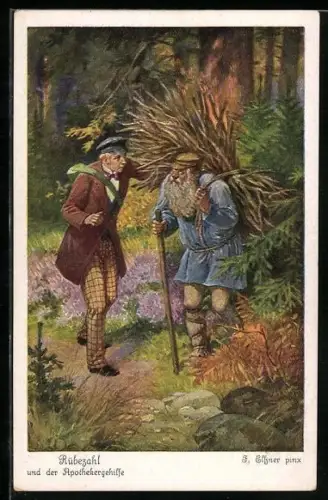 Künstler-AK Elssner: Rübezahl und der Apothergehilfe mit Feuerholz auf dem Rücken