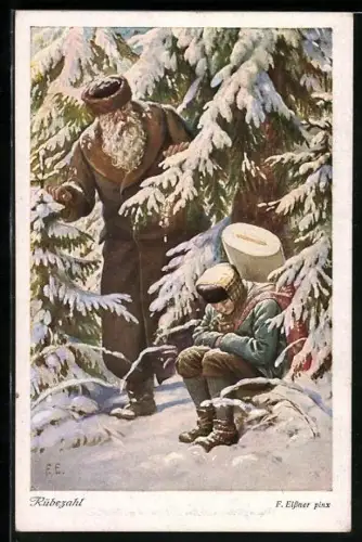Künstler-AK Felix Elssner: Rübezahl hilft einem armen Weberssohn im verschneiten Wald