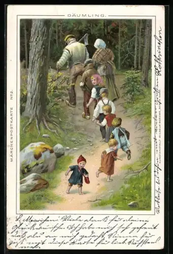 AK Märchen, Däumling folgt der Familie in den Wald