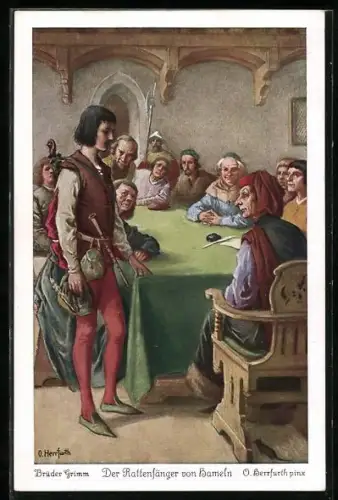 Künstler-AK Oskar Herrfurth: Der Rattenfänger von Hameln preist den Bürgern seinen Dienst an