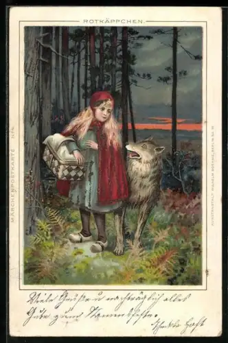 Lithographie Rotkäppchen, Märchenpostkarte