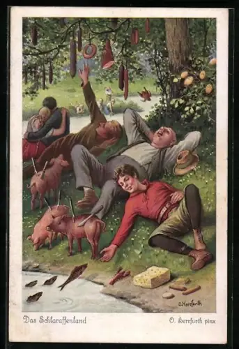 Künstler-AK Oskar Herrfurth: Märchen Das Schlaraffenland, Junge Männer nehmen sich von den Bäumen Wurst und Schinken