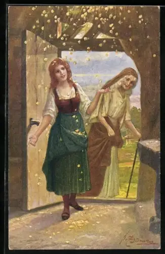 AK Frau Holle, Goldmarie steht unter dem Talerregen