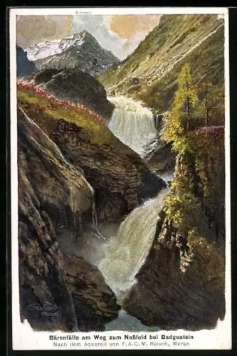 Künstler-AK F.A.C.M. Reisch: Bärenfalle am Weg zum Nassfeld bei Badgastein, Wasserfall