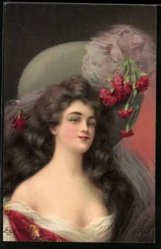 Künstler-AK Delphin Enjolras: Frauenporträt mit roten Nelken