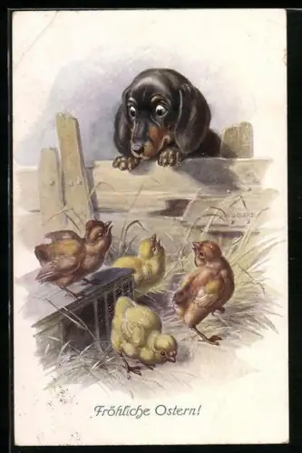 Künstler-AK R. Ulreich: Dackel beobachtet eine Schar Küken, Ostergruss
