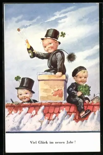 Künstler-AK John Wills: Kleine Schornsteinfeger auf einem verschneiten Dach