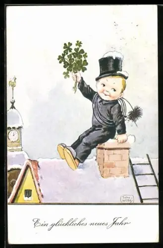 Künstler-AK John Wills: Schornsteinfeger mit Kleeblättern auf einem Dach