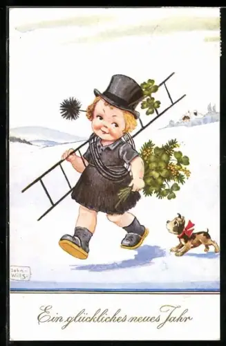 Künstler-AK John Wills: Kleine Schornsteinfegerin mit Hund und Kleeblättern