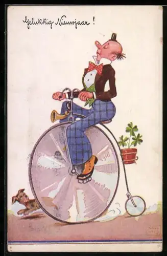 Künstler-AK John Wills: Hund läuft neben einem Hochrad her