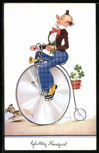 Künstler-AK John Wills: Mann auf einem Hochrad mit Hund