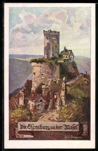 Künstler-AK Heinz Pinggera: Die Ehrenburg an der Mosel, Ausgezeichnet mit der goldenen Medaille 1914