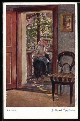 Künstler-AK Franz Kuderna: Deutscher Schulverein Nr. 853: Spitzenklöpplerin vor dem Haus