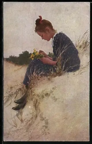 Künstler-AK Seeger: Mädchen sitzt mit gepflückten Blumen in den Dünen