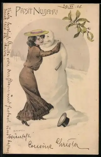 Künstler-AK R. Kratky: Dame umarmt einen Schneemann, Prosit Neujahr