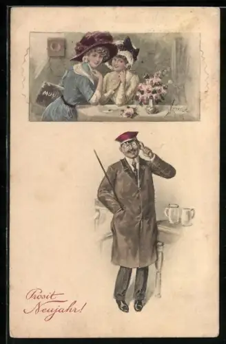 Künstler-AK Kränzle: Damen telefonieren mit einem Studenten