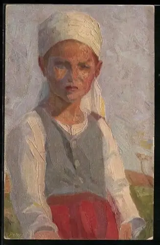 Künstler-AK Hela Peters: Hessisches Dorfkind mit weissem Kopftuch