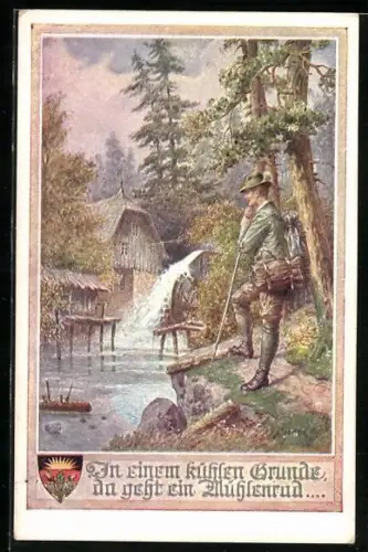 Künstler-AK Kränzle: Wanderer am Bach mit Wassermühle, In einem kühlen Grunde..., Deutscher Schulverein