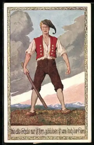 Künstler-AK Ernst Kutzer: Deutscher Michel hält einen Stock in der Hand, Verlag des Verein Südmark