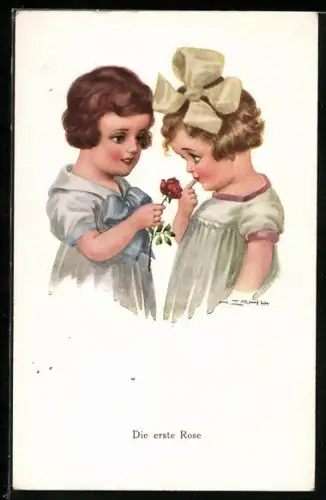 Künstler-AK Hela Peters: Mädchen schenkt seiner Freundin eine Rose