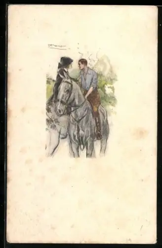 Künstler-AK Mauzan: ein Liebespaar mit seinen Pferden beim Ausritt