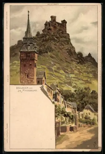 Künstler-Lithographie Carl Biese: Braubach, Ortspartie mit der Marksburg