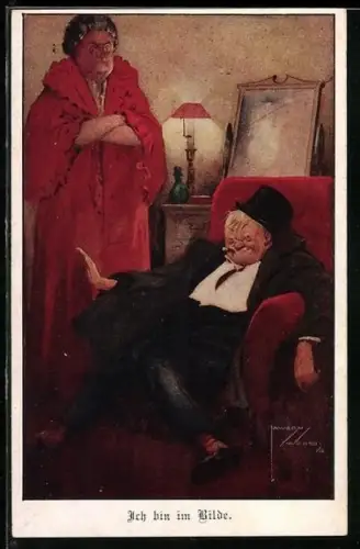 Künstler-AK Lawson Wood: Trinker im Sessel und wütende Frau