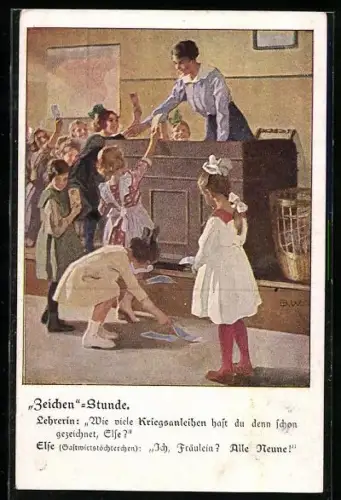Künstler-AK Brynolf Wennerberg: Mädchen zeichnen Kriegsanleihen in der Schule