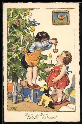 Künstler-AK M. Fischerova-Kvechova (MFK): Spielende Kinder am Weihnachtsbaum