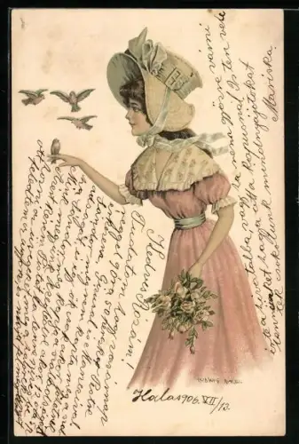 Künstler-AK sign.: Ludwig Rauh: Frau mit Hut und Blumen, Vögel